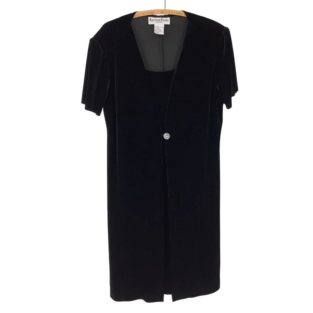 Another Thyme Black Velvet Short Sleeve Dress W/ Rhinestone Button Front Size 16 - Picture 1 of 6